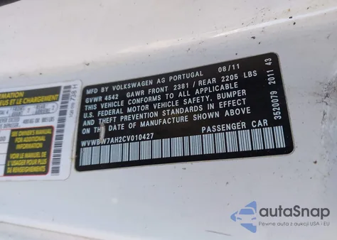 2012 Volkswagen Eos Komfort из США, поврежденный, VIN WVWBW7AH2CV010427